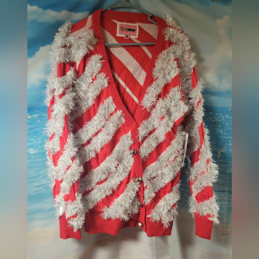 Tipsy Elves NWT Women's Candy Cane Tinsel Cardigan‎ Sweater Size XLarge